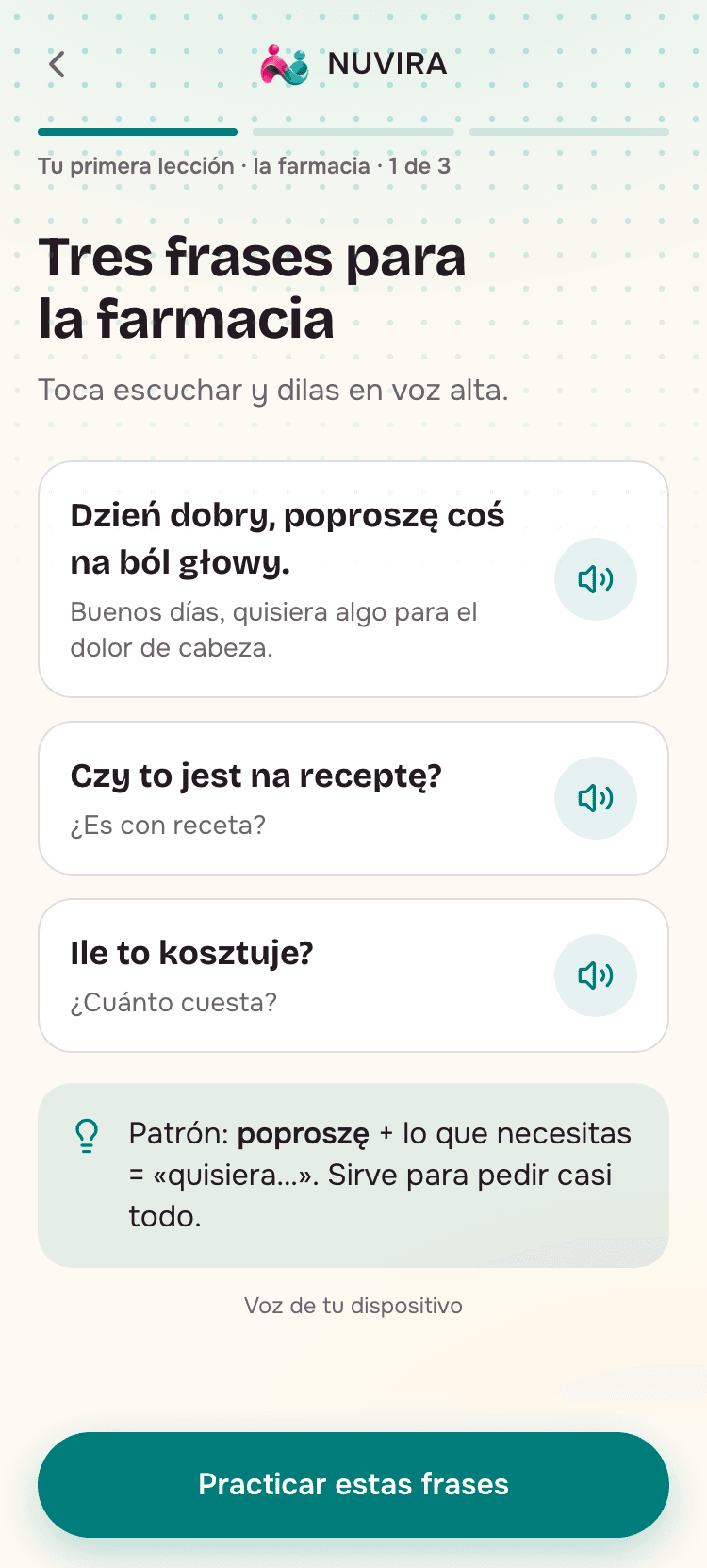 Captura de la app: lección paso a paso