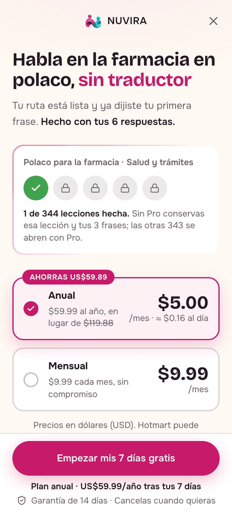 Captura de la app: planes y precios