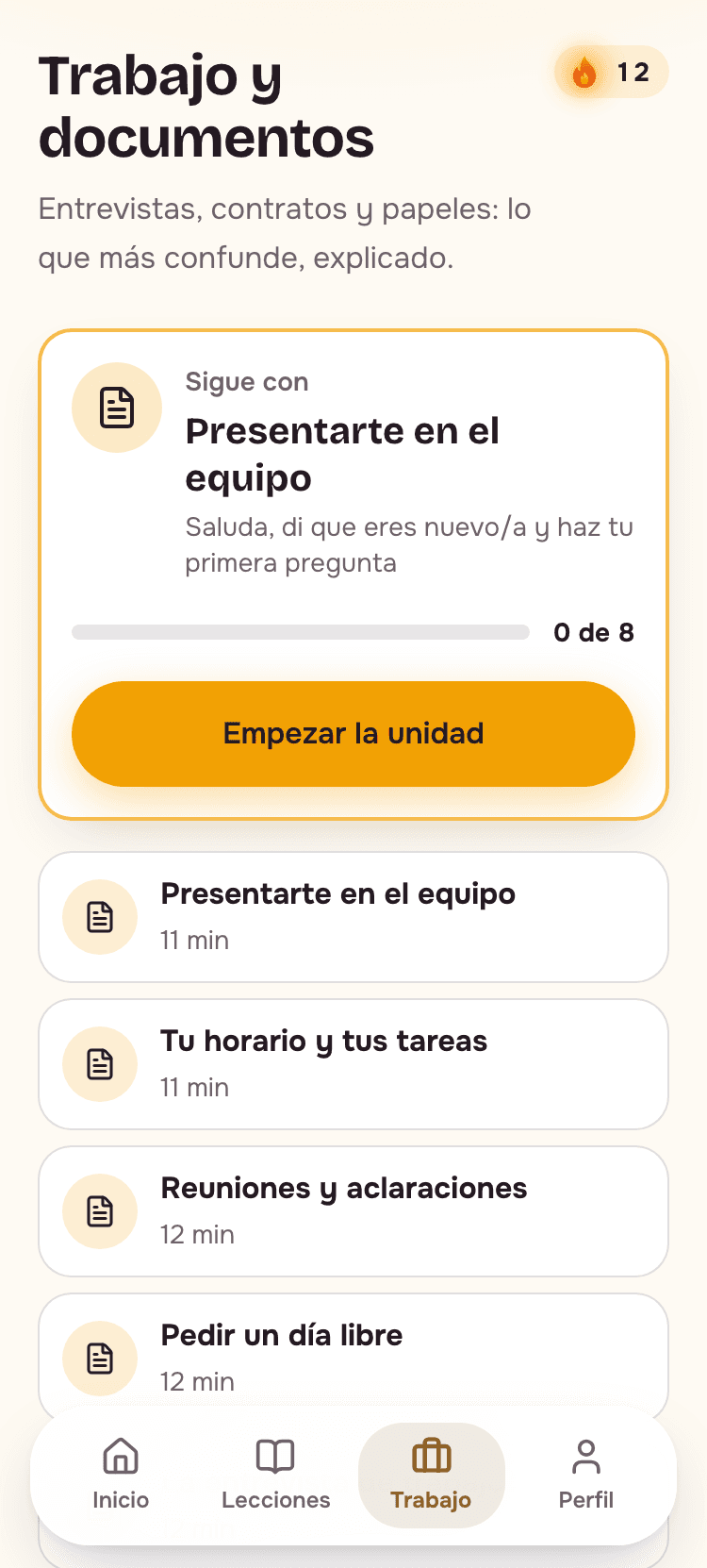 Captura de la app: unidad de trabajo y documentos